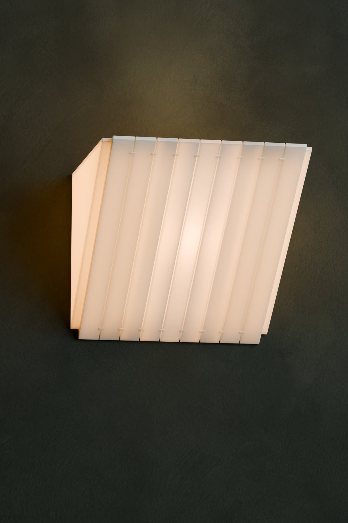 LEIT 21 off-white textured PETG wall sconce illuminated on an olive limewash wall, main view.