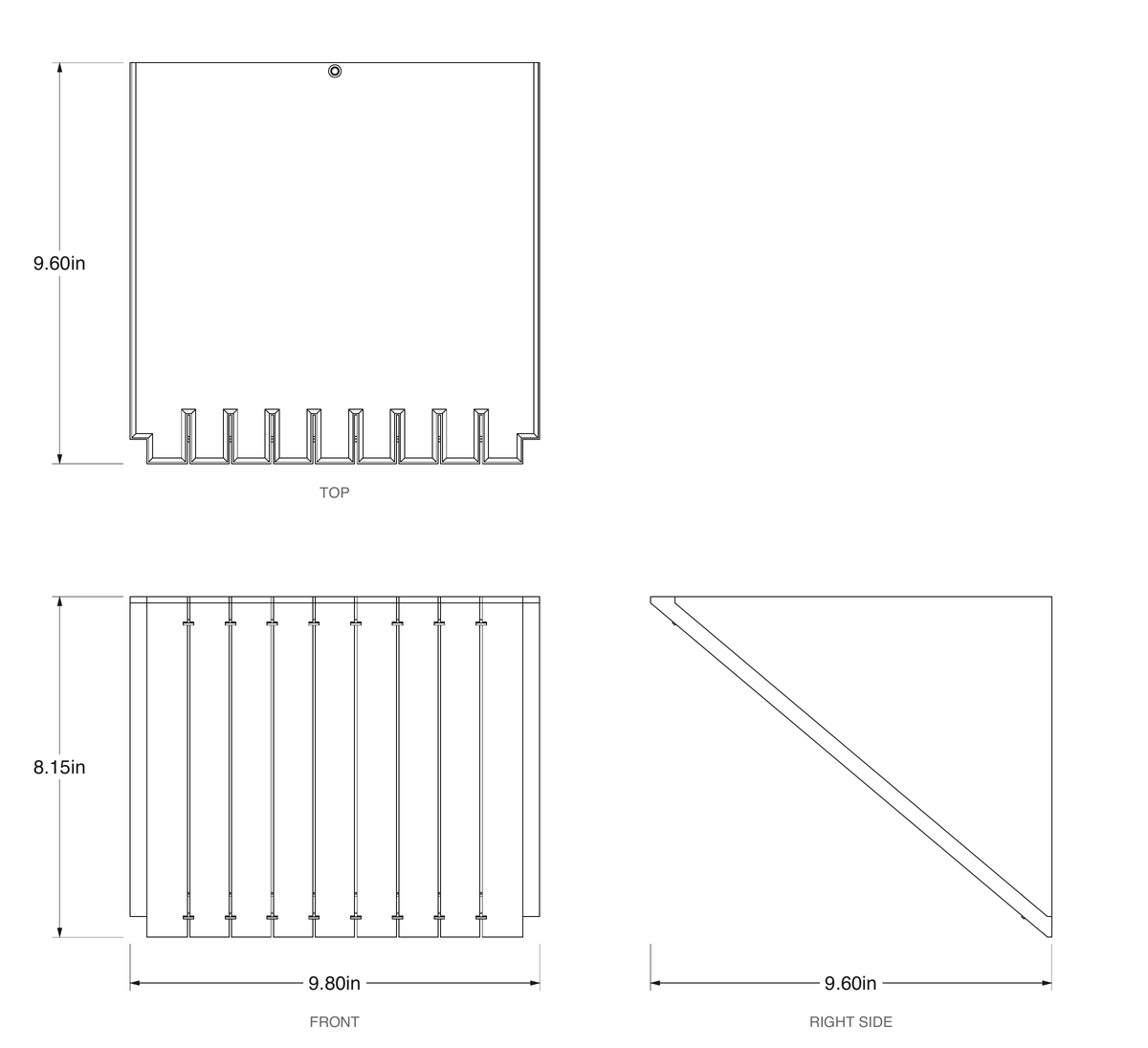 LEIT 21 CAD orthographic drawing: top, front and right side views. Width 9.80 inches, height 8.15 inches, depth 9.60 inches.